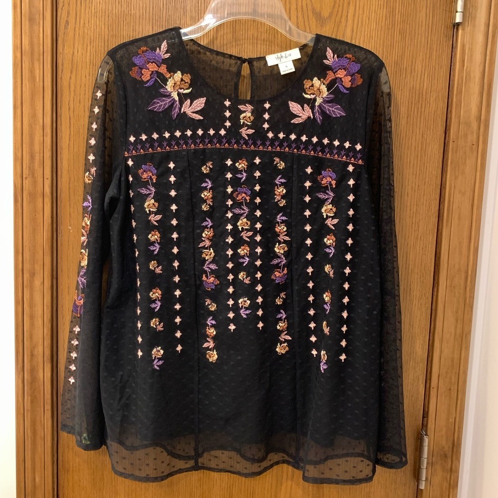 Sheer Style & co tunic with beautiful embroidery, small